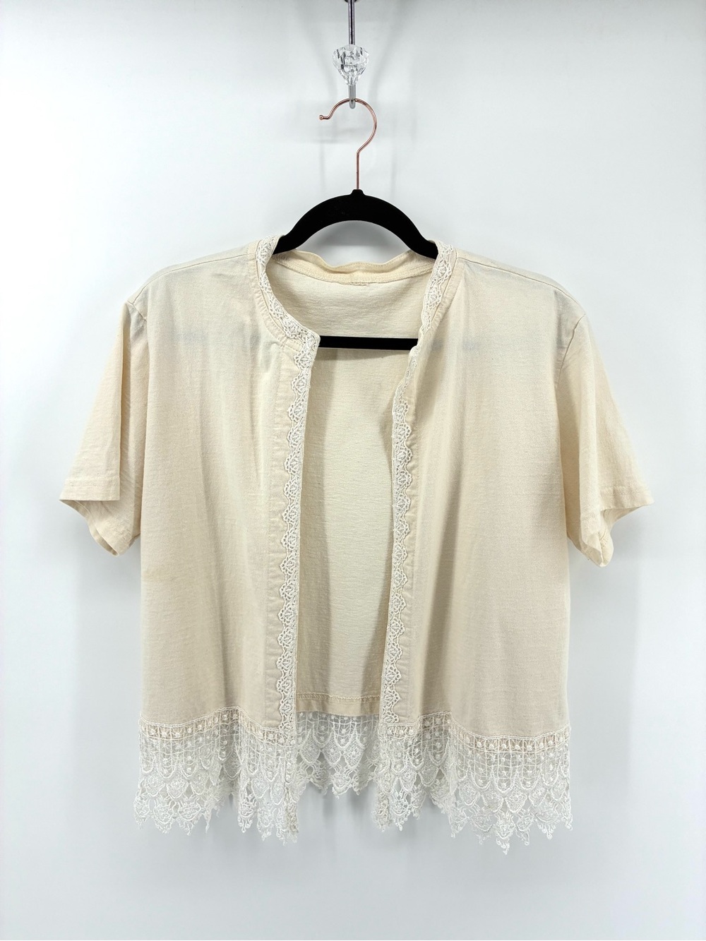 Light Cream Lace-Trim Open Front Top